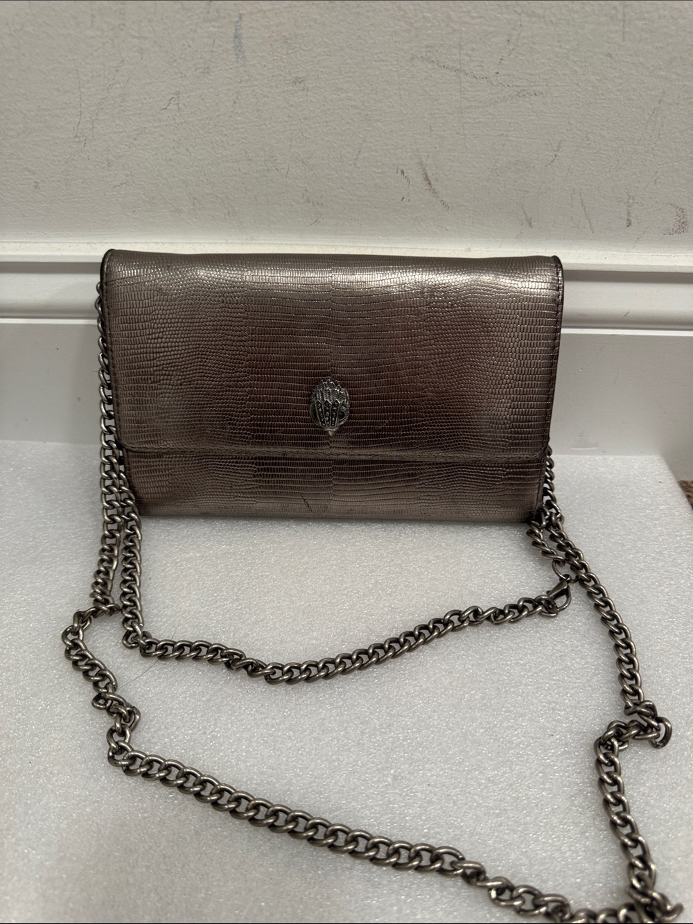 Kurt Geiger metallic silver lizard embossed crossbody bag purse